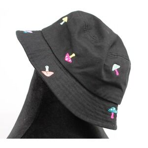 A-Lab Black Mushroom Embroidered Bucket Hat Cotton Streetwear‎ Festival Cap